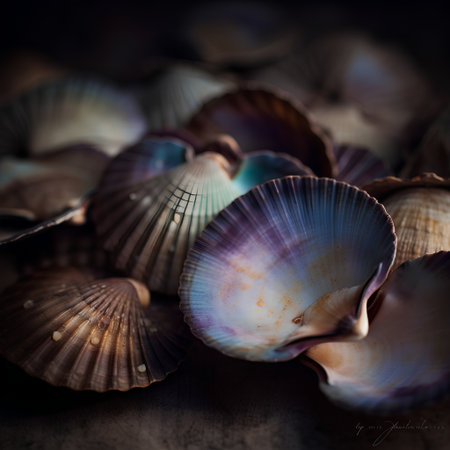 Sea shells on wooden background. Vintage style. Selective focus.の素材