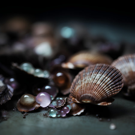 Seashells and pearls on dark background. Selective focus.の素材