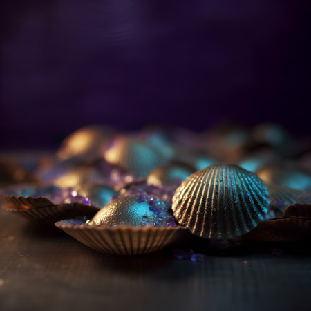 Chocolate candies and seashells on a wooden background.の素材