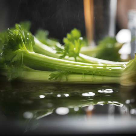 Fresh celery on a black background. Shallow depth of field.の素材