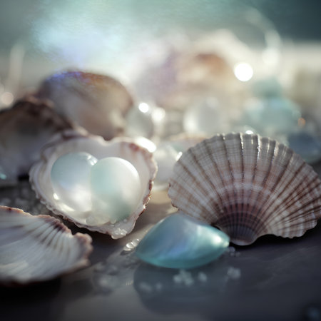 Beautiful background with seashells and beads. Selective focus. Toned.の素材