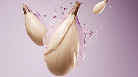 Garlic with oil splash on a purple background. 3d renderingの素材