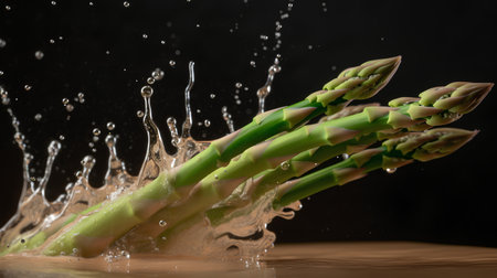 Fresh green asparagus sprouts with water splash on black backgroundの素材