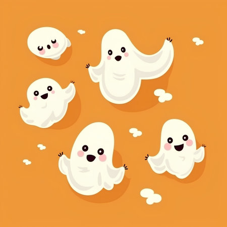 White ghosts on orange background. Cute cartoon characters. Vector illustration.の素材