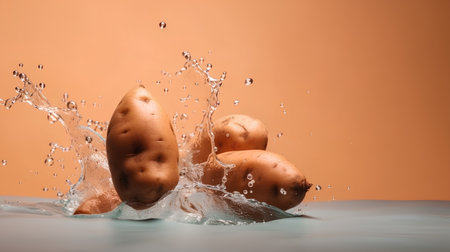 Fresh potatoes with water splash isolated on orange background. Studio shot.の素材