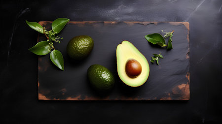 Fresh avocado with leaves on black background. Top view, copy spaceの素材
