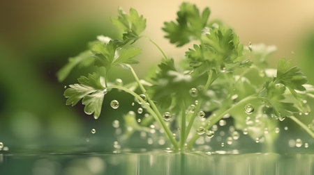 Fresh parsley with water drops on green background. Healthy food conceptの素材