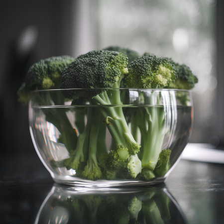 Fresh green broccoli in a glass bowl on a dark background. Selective focus. Toned.の素材