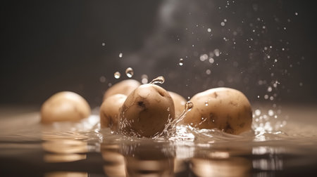 Boiled potatoes with water drops and splashes on a dark backgroundの素材