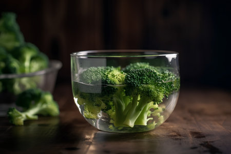 Broccoli in a glass on a wooden background. Selective focus.の素材