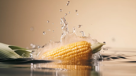 fresh corn falling into water with splash and drops on it isolated on brown backgroundの素材