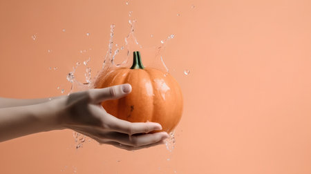 Female hand holding pumpkin with splashes of water on orange background.の素材