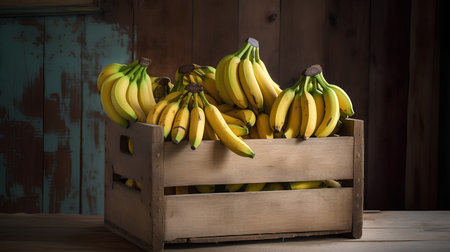 Wooden crate full of ripe yellow bananas on rustic wooden tableの素材