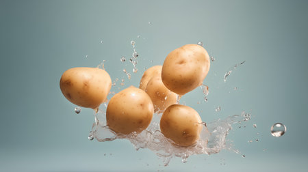 Fresh potatoes with water splash, isolated on blue background. 3d illustrationの素材