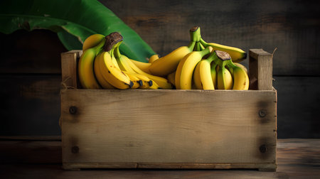 Bunch of bananas in a wooden box on a dark wooden backgroundの素材