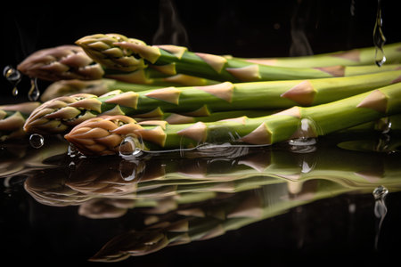Bunch of fresh green asparagus with water drops on black backgroundの素材
