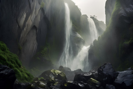 Waterfall in the mountains. 3d rendering, 3d illustration.の素材
