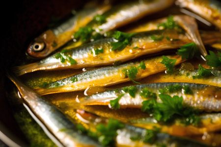 Sardines in oil with parsley. Selective focus.の素材