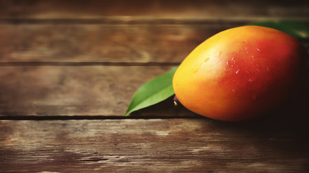 Ripe mango fruit on wooden table. Vintage style toned pictureの素材
