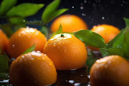 Ripe tangerines with water drops on a black background.の素材