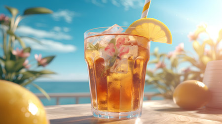 Cocktail with lemon and ice on the beach. 3d renderingの素材