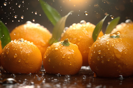 Ripe tangerines with water drops on a dark background.の素材