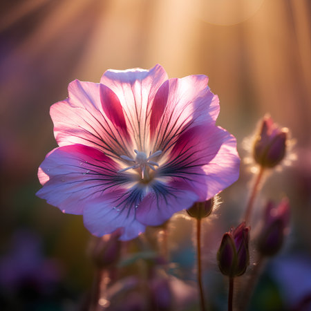 Beautiful pink geranium flower in the rays of the setting sunの素材