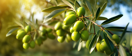 Green olives on olive tree branch. Olive grove with ripe olivesの素材