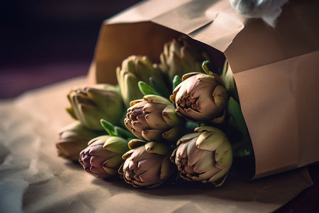 Bouquet of artichokes in paper bag on wooden backgroundの素材