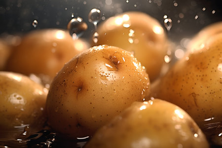 boiled potatoes with water drops on a dark background close-upの素材