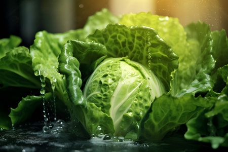 Fresh green cabbage with water drops on dark background. Close up.の素材