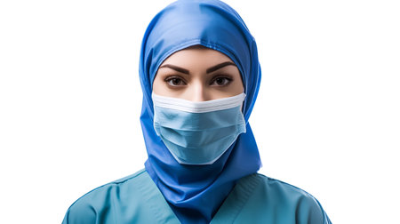 young muslim nurse in medical mask looking at camera isolated on whiteの素材