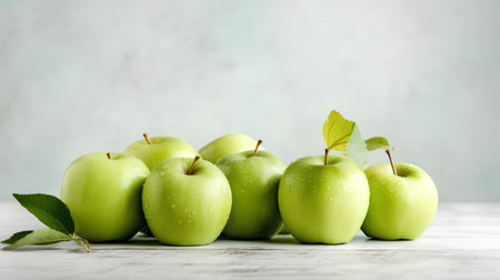 Fresh green apples with leaves on white wooden table over light blue backgroundの素材
