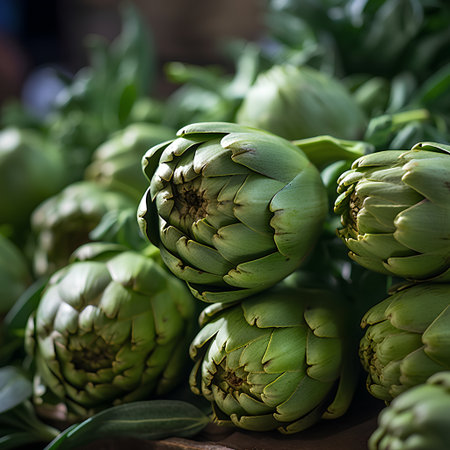 Fresh artichokes on display at a farmers market in California.の素材