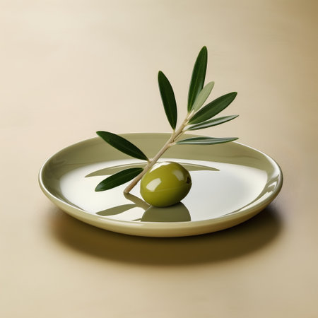 Olive branch with green olives in a plate on beige backgroundの素材