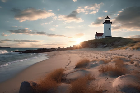 Lighthouse on the beach at sunset with dramatic sky and sun raysの素材