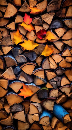 Firewood background with colorful autumn leaves in the form of a heartの素材