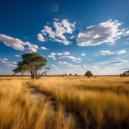 Landscape view of grassland and trees in Okavango Delta, Botswanaの素材