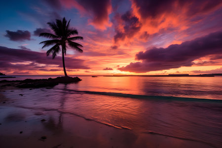 Beautiful sunset on the tropical beach. Colorful sky at sunset.の素材