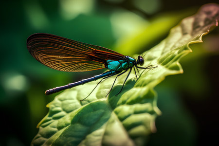 Close up of a blue dragonfly sitting on a green leaf.の素材