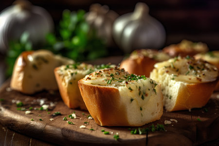 Garlic bread with herbs on a wooden background. Selective focus.の素材