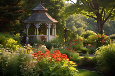 Gazebo in the garden at sunset. Beautiful summer landscape.の素材