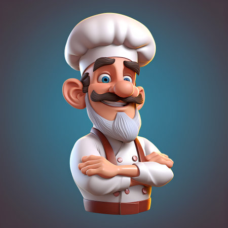 3D Illustration of a male chef with a mustache and hatの素材