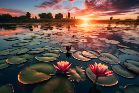 Beautiful view of lotus flower in the pond at sunrise.の素材