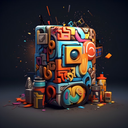 Colorful 3d rendering of alphabet made of different objects over dark backgroundの素材