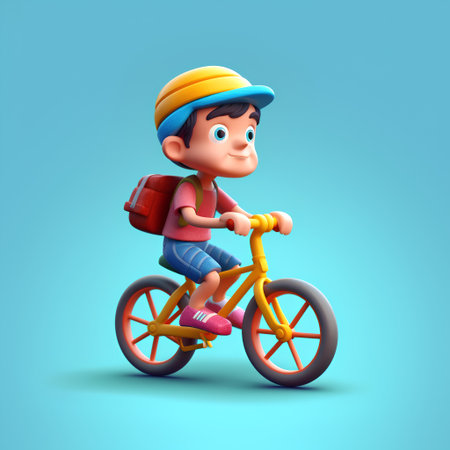 3D Render of Cute Little Boy Riding a Bicyclesの素材