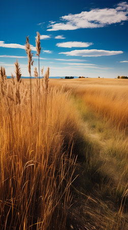 Autumn landscape with dry grass and road. Toned image.の素材