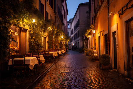 Night view of a narrow street in the center of Rome, Italyの素材