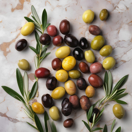 Colorful olives with olive branchle background, top viewの素材