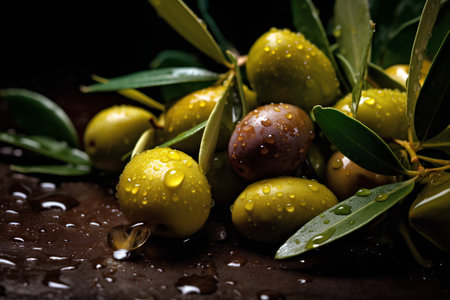 Fresh olives with leaves and drops of water on a dark backgroundの素材